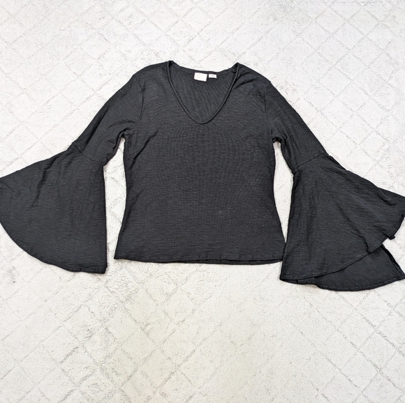 Anthropologie Postmark Shirt Women's L Black Andie Bell Sleeve Top V-Neck Boho - Picture 1 of 7